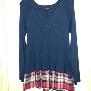 Warm vneck Torrid blue with plaid long sleeve